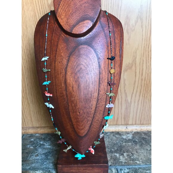 Vtg Zuni Fetish Necklace Native American Hand Carved Turquoise Thunderbird - Picture 1 of 10